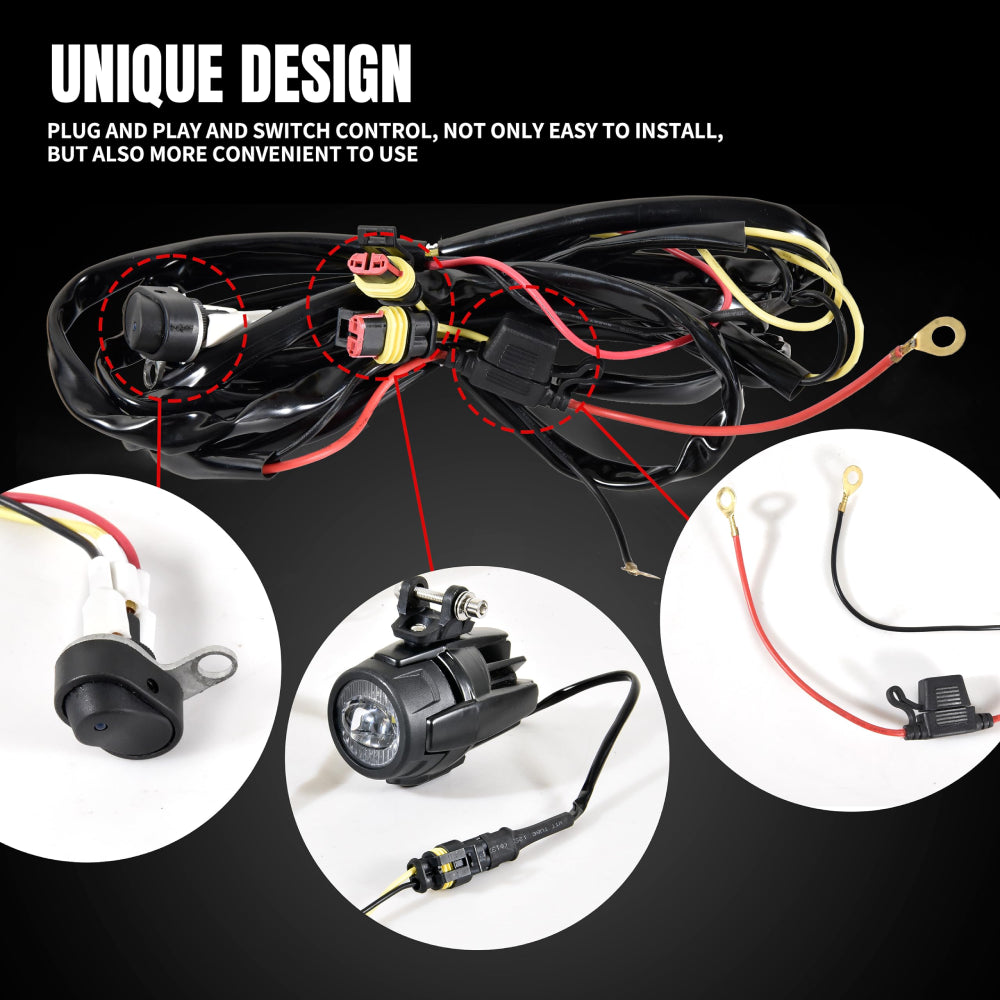 LED Motorcycle Auxiliary Spot Driving Fog Lights with Switch Wiring Harness Mount Bracket Kit