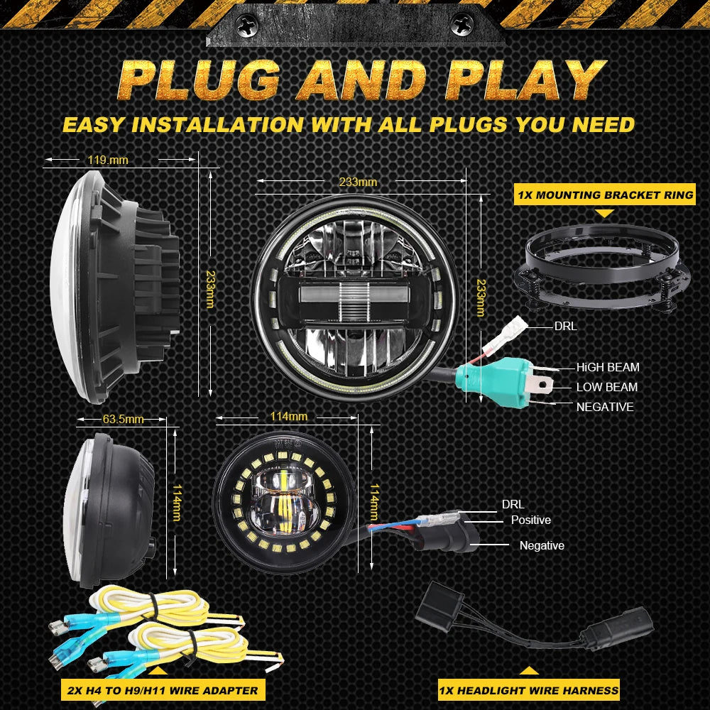 7 Inch LED Headlight + 4.5 Inch LED Passing Fog Lights with White DRL Halo Ring + Headlight Bracket Compatible with Harley