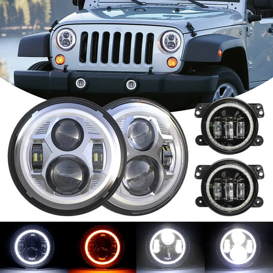 LOYO 7" Halo Headlights & 4" Fog Lights LED Combo Silver