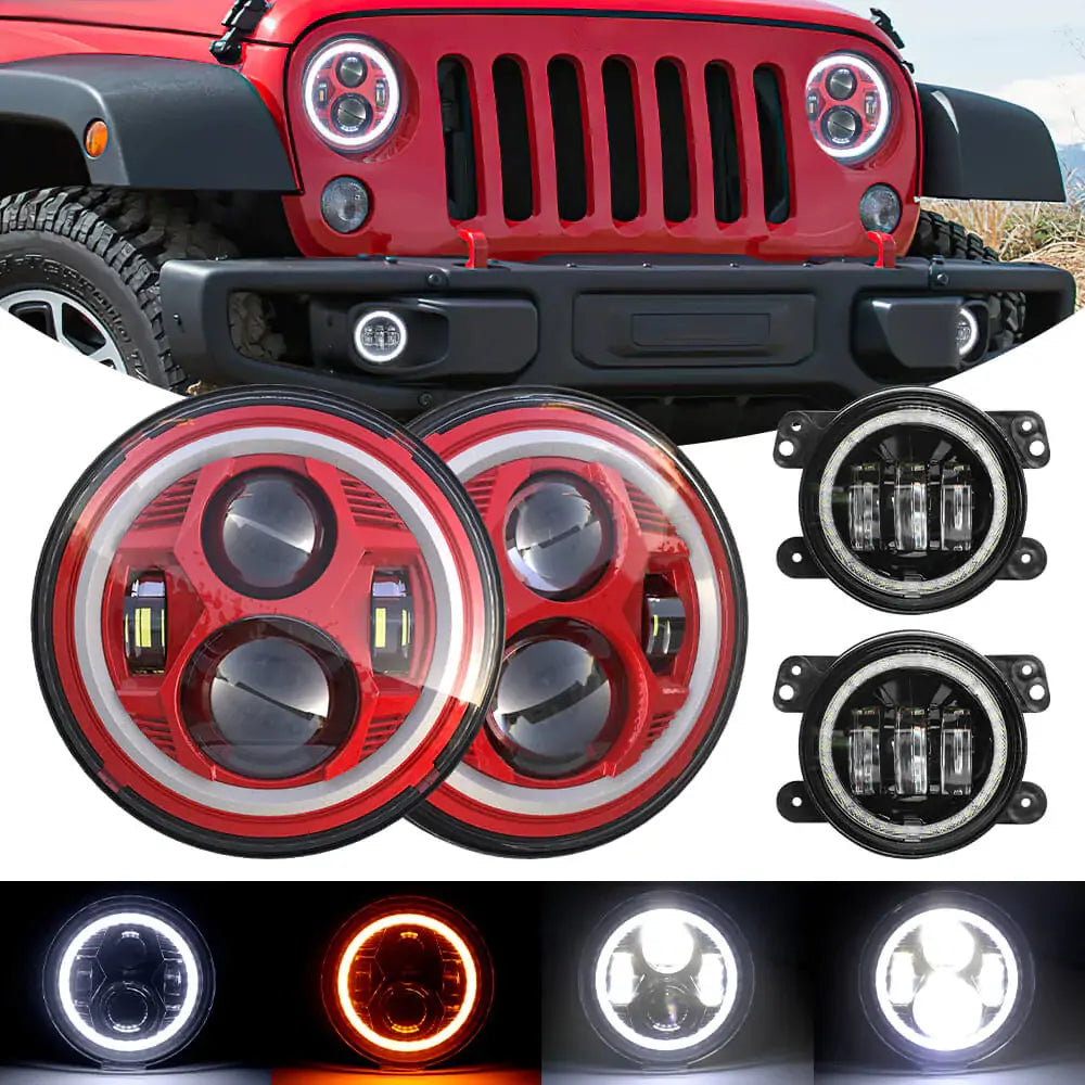 LOYO 7" Halo Headlights & 4" Fog Lights LED Combo red