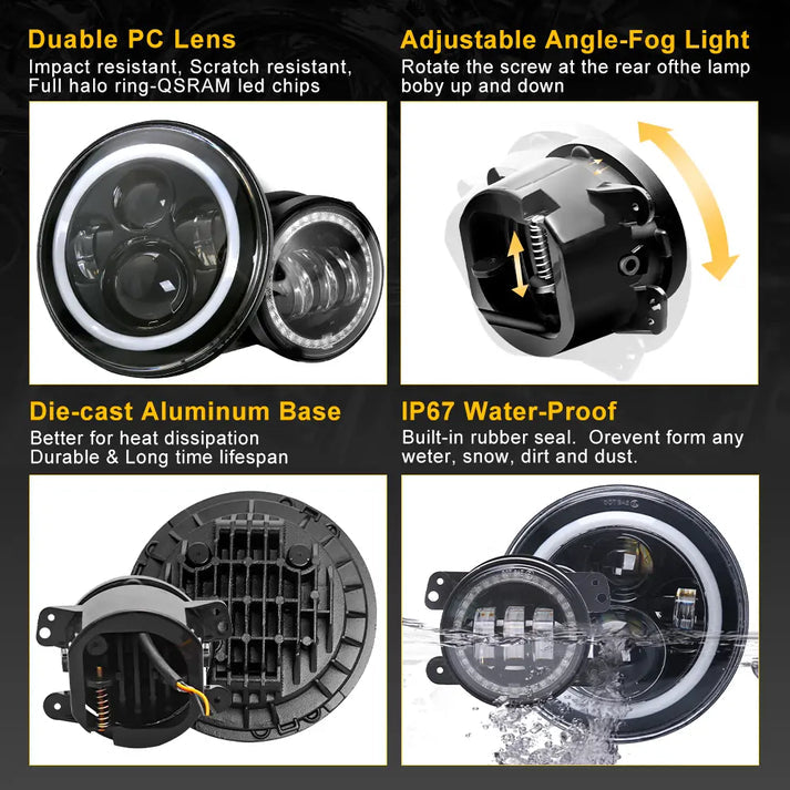 7 inch RGB LED Headlight + 4 inch RGB Fog Lights for Jeep Wrangler JK
