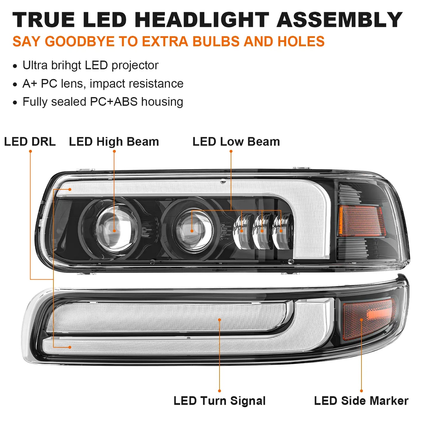 LOYO LED Headlight Assembly for 1999-2002 Chevrolet Silverado 2000-2006 Chevy Suburban Tahoe, with DRL Turn Signal Side Marker Lights, DOT Approved