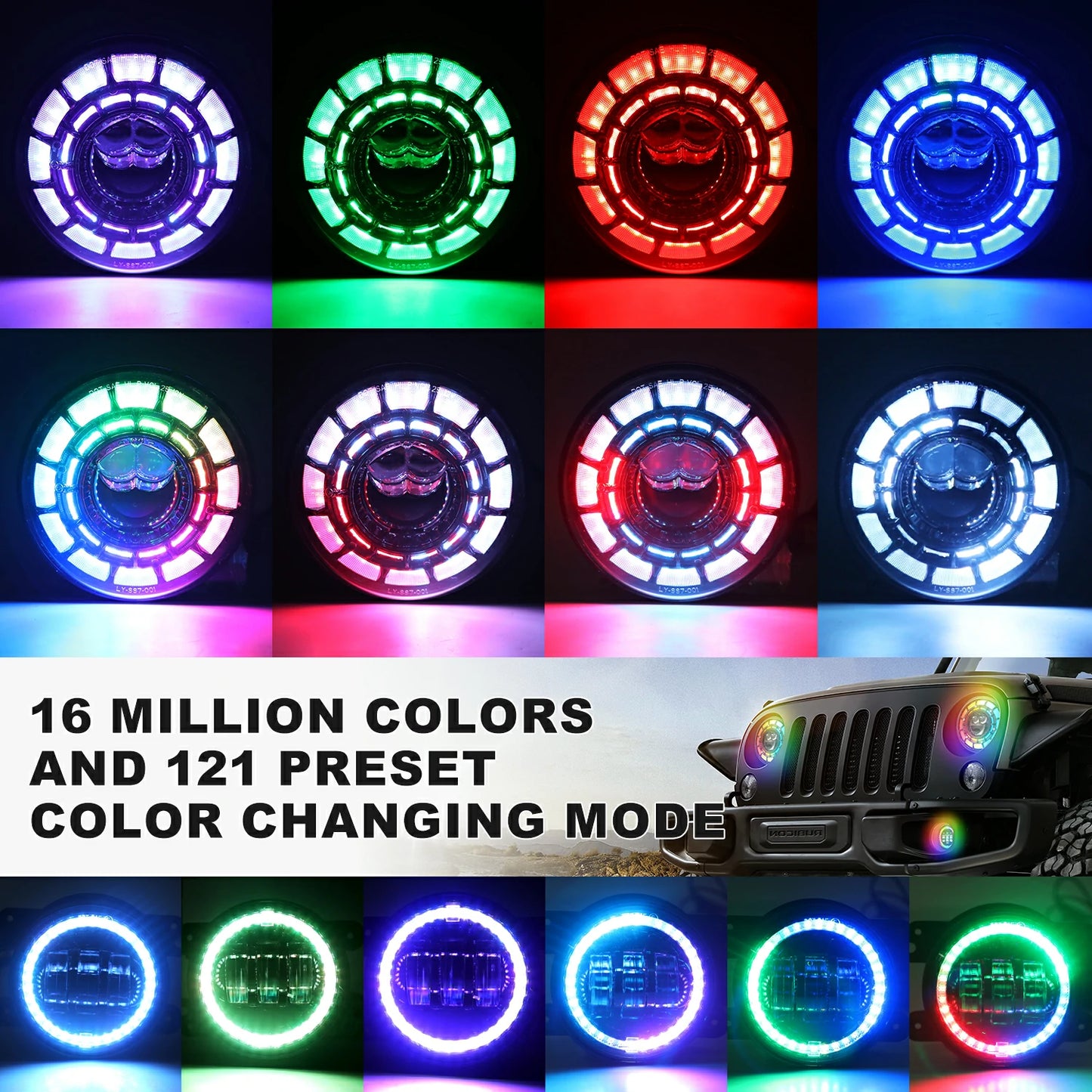 RGB 7 Inch LED Headlight Fog Lights Compatible with Jeep Wrangler Head Light JK JKU TJ LJ 1997-2017