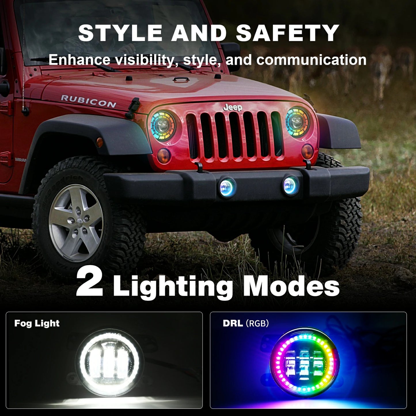 Upgraded RGB 7 Inch Headlights + 4 Inch Fog Lights Combo for Jeep Wrangler JK with APP Control.
