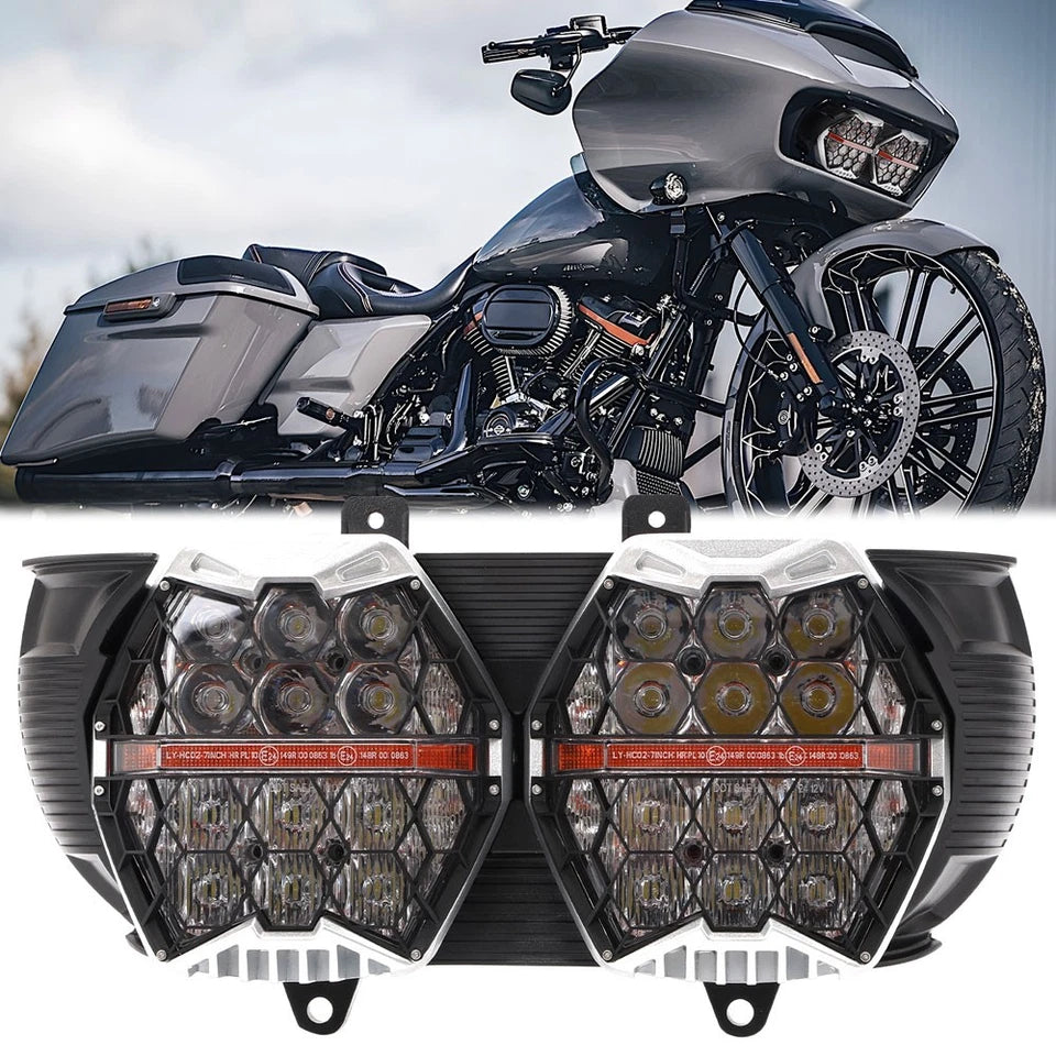 LOYO 240W 800% Bright Dual LED Headlight for Road Glide 2015-2024, Honeycomb Design, Chrome