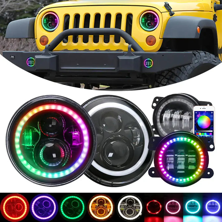 7 inch RGB LED Headlight + 4 inch RGB Fog Lights for Jeep Wrangler JK
