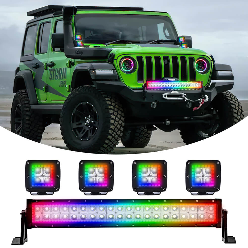 Chasing RGB Halo Ring DRL Flood Spot Combo Led Light Bar and 4PCs LED Square Cube Pods Work Lights Kit 120W