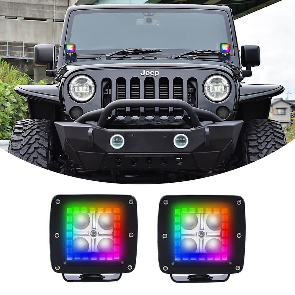 12w 3" Square Cube LED Work Lights with Chasing RGB Halo Ring, LOYO Phantom Series