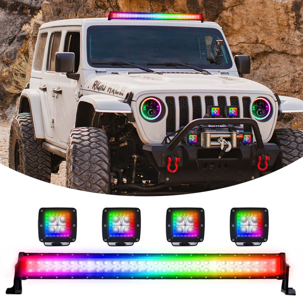 Chasing RGB Halo Ring DRL Flood Spot Combo Led Light Bar and 4PCs LED Square Cube Pods Work Lights Kit 180W