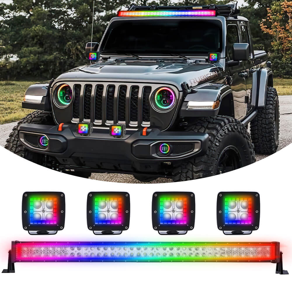 Chasing RGB Halo Ring DRL Flood Spot Combo Led Light Bar and 4PCs LED Square Cube Pods Work Lights Kit 240w