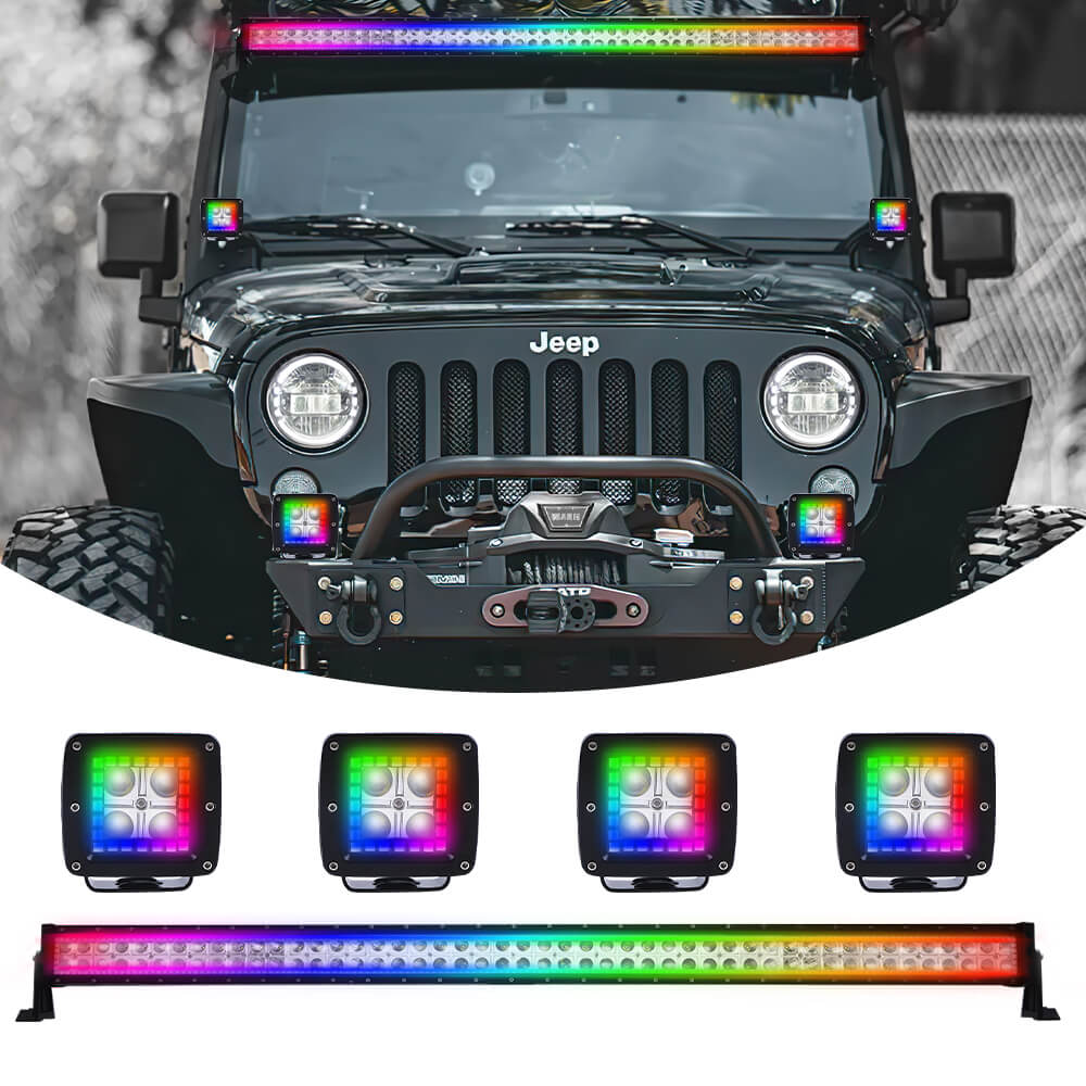 Chasing RGB Halo Ring DRL Flood Spot Combo Led Light Bar and 4PCs LED Square Cube Pods Work Lights Kit 288w