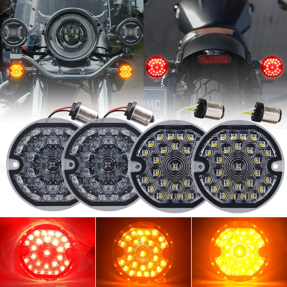 3-1/4 Inch LED Turn Signal Kit Flat 1157 Double Base Amber Front Turn Signal + 1156 Single Connector Red Rear Signal Lights