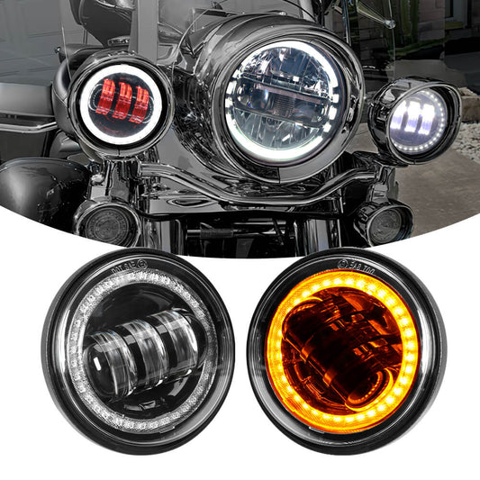 4.5 Inch Round Passing Fog light With Red Demon Eyes, White DRL and Amber Turn Signal Halo for Harley Motorcycle