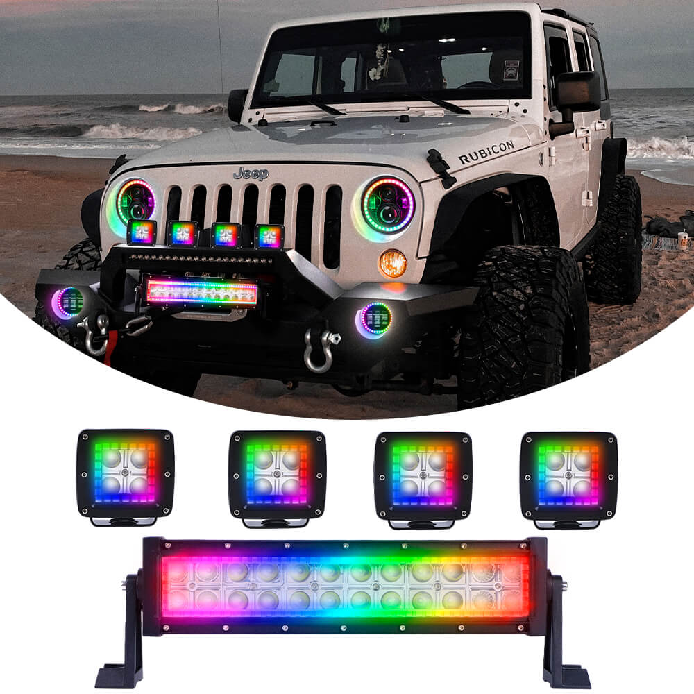 Chasing RGB Halo Ring DRL Flood Spot Combo Led Light Bar and 4PCs LED Square Cube Pods Work Lights Kit-8