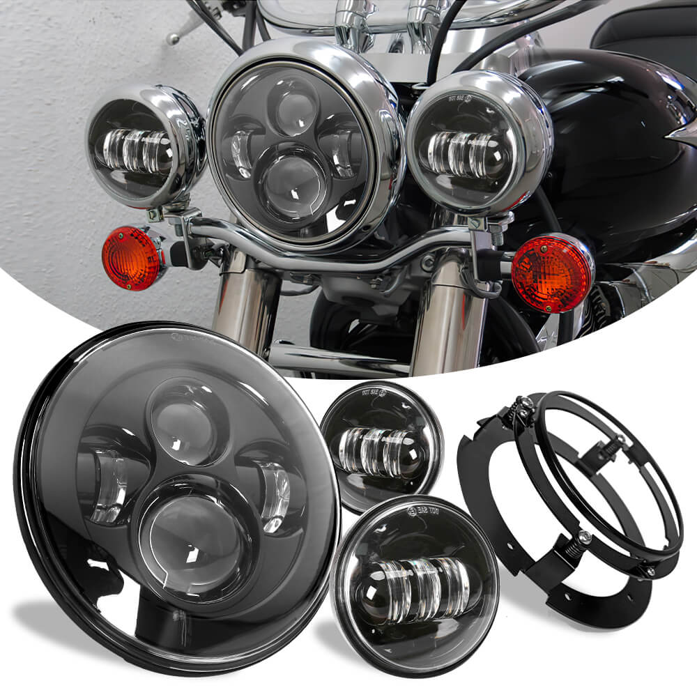 7" LED Projector Headlight + 4.5" Fog Lights + 7" Headlight Mounting Bracket for Harley Motorcycles
