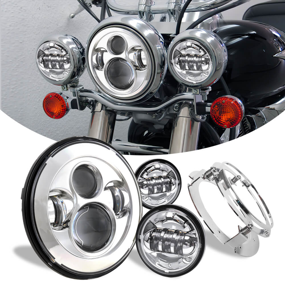 7" LED Projector Headlight + 4.5" Fog Lights + 7" Headlight Mounting Bracket for Harley Motorcycles