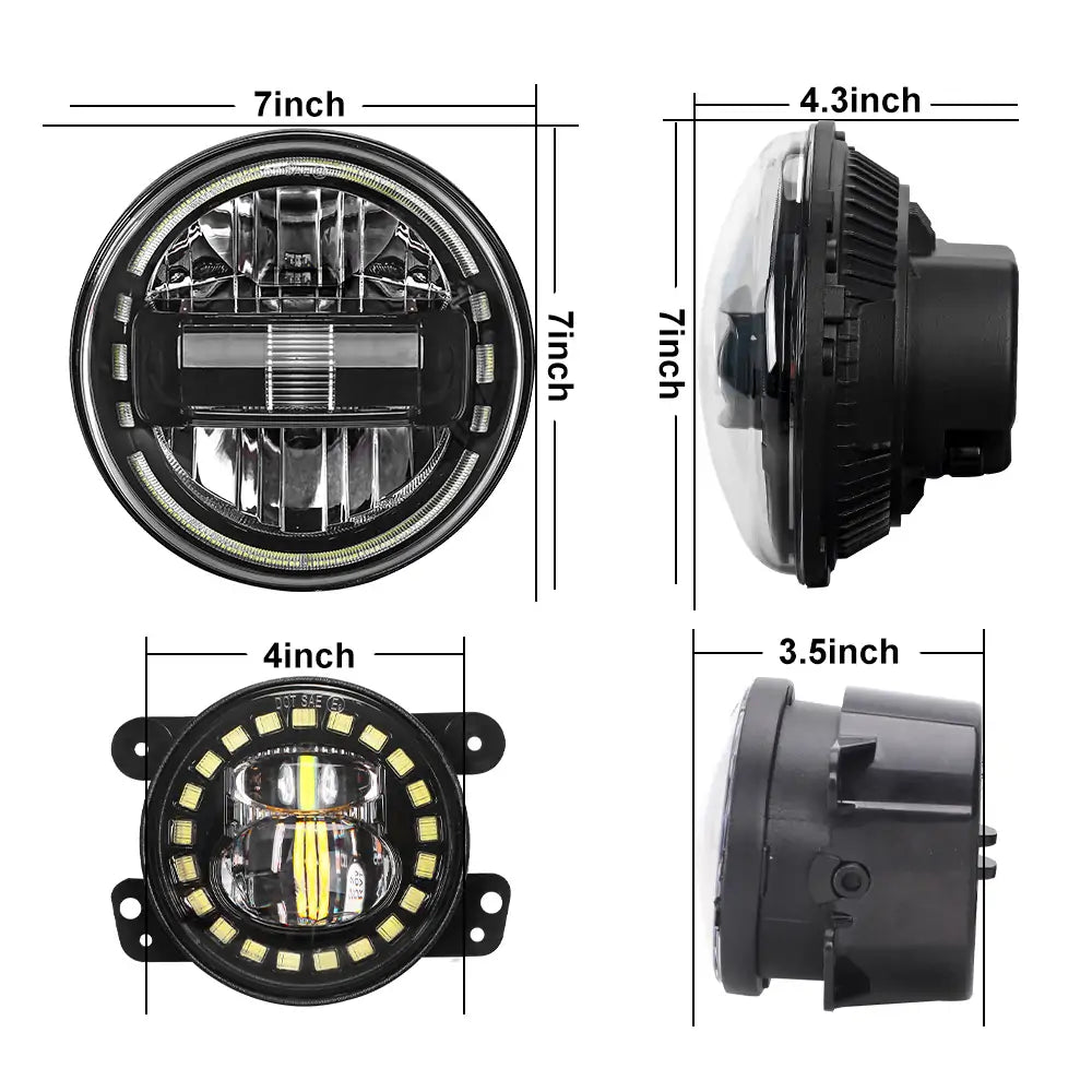 7 inch Headlights and 4 inch Fog Lights Size