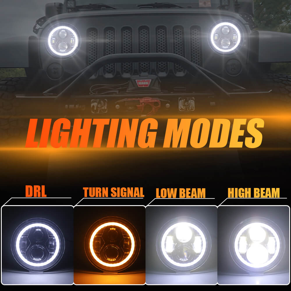 LOYO 7 inch LED Round Headlight With Halo Ring For Jeep JK JL JT | Pair