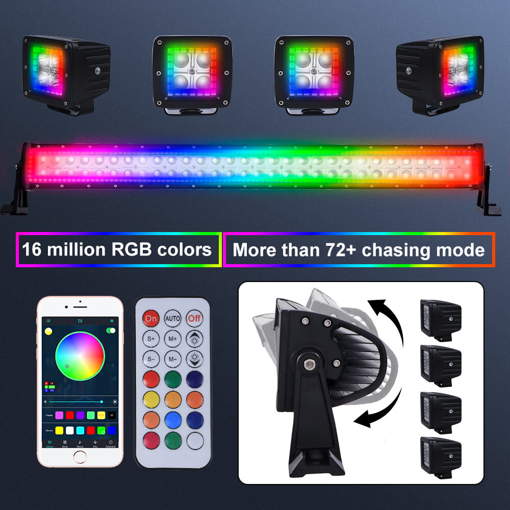 Chasing RGB Halo Ring DRL Flood Spot Combo Led Light Bar and 4PCs LED Square Cube Pods Work Lights Kit