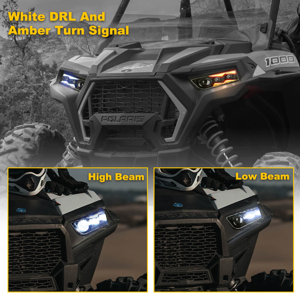 A left and right side pair of RZR 1000 XP LED headlights made for Polaris