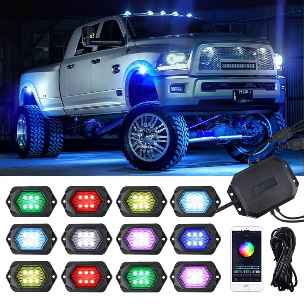 LOYO RGBW LED Rock Lights-12 Pods, Multicolor Underglow Neon Lights Kit  with Bluetooth Controller, Music Mode