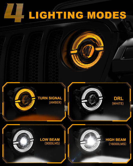 New Upgraded 120W 9 Inch LED Headlights with Halo DRL Turn Signal for Jeep Wrangler JL Gladiator JT（副本）