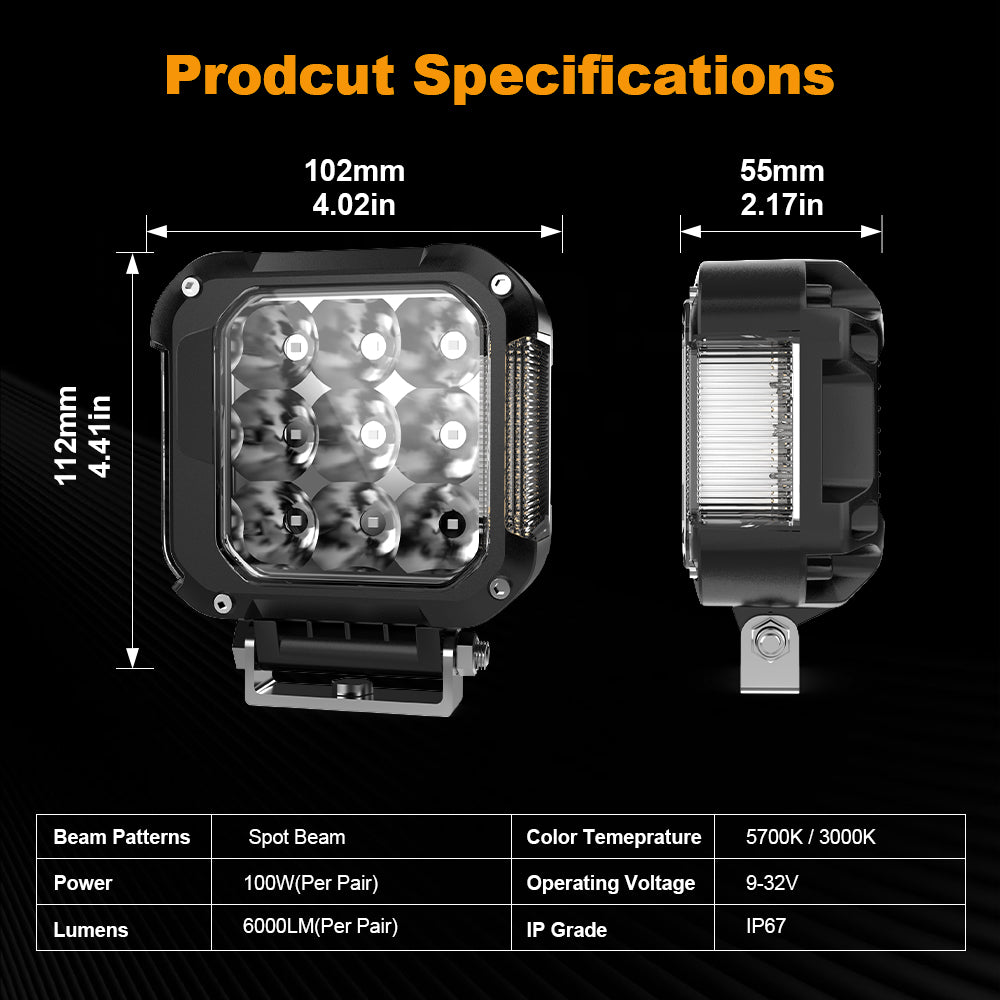 LOYO 100W LED Pod Light Wiring Diagram and Dimensions — 9-32V Universal Fit