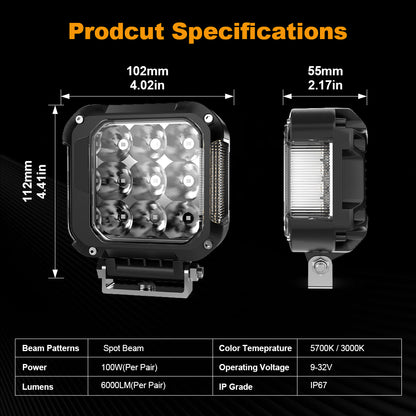 LOYO 100W LED Pod Light Wiring Diagram and Dimensions — 9-32V Universal Fit