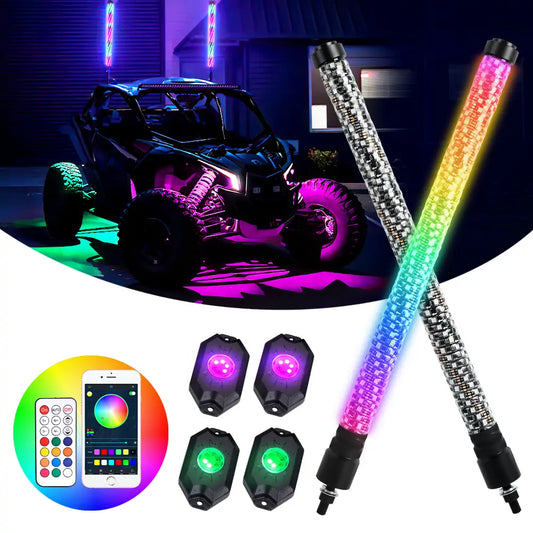 LED whip lights and rock lights kit with bluetooth and remote control