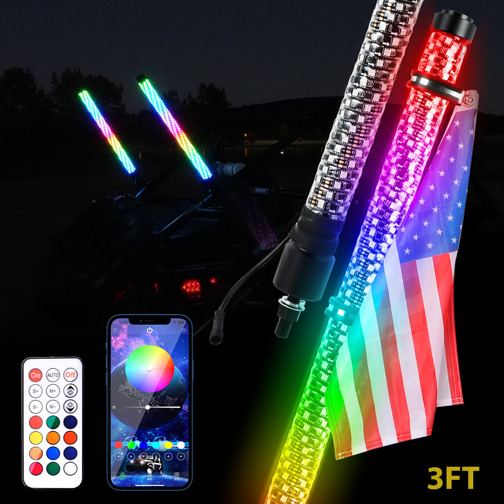 LOYO 2ft Spiral RGB Chasing Whip Lights with Flags, Bluetooth APP and Remote Control