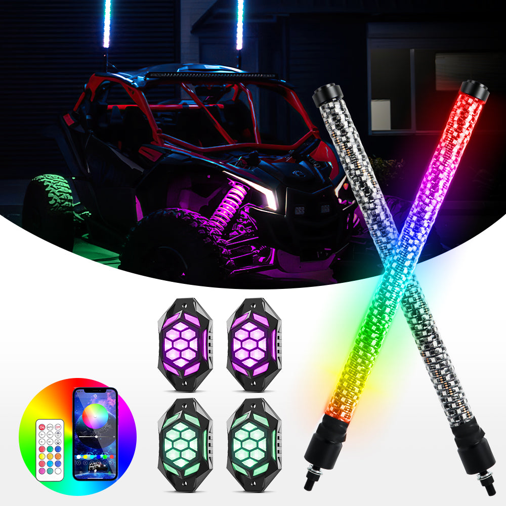 LED whip lights and rock lights kit with bluetooth and remote control
