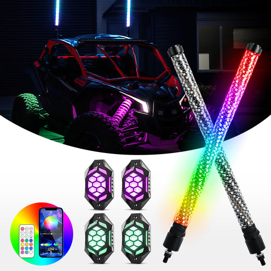 LED whip lights and rock lights kit with bluetooth and remote control