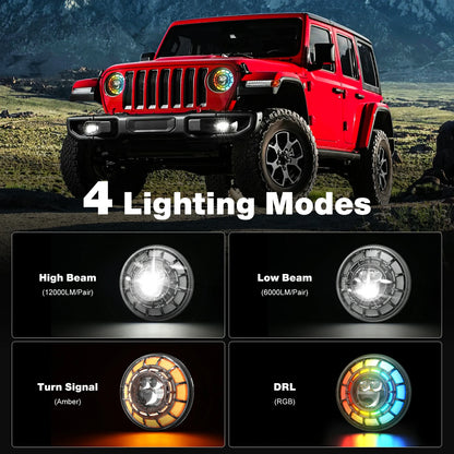 7 inch LED Headlights with RGB Halo for Jeep Wrangler JK