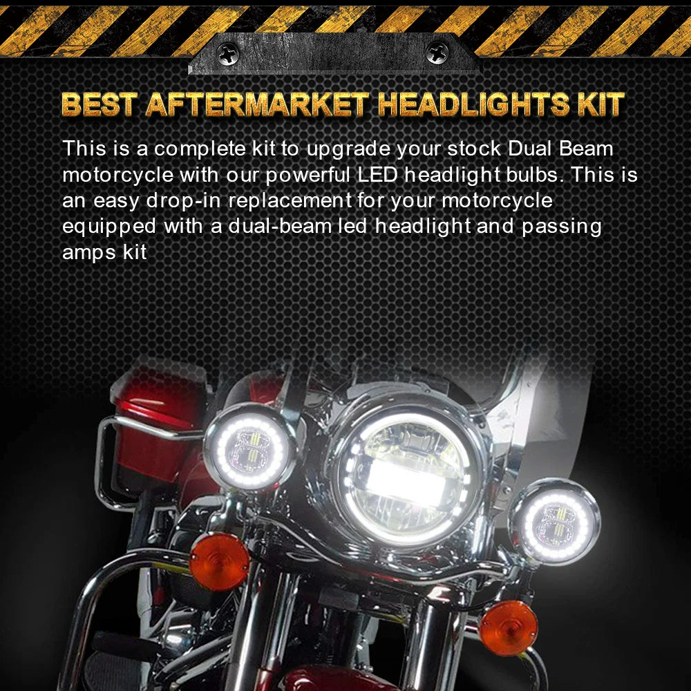 7 Inch LED Headlight + 4.5 Inch LED Passing Fog Lights with White DRL Halo Ring + Headlight Bracket Compatible with Harley Motorcycle