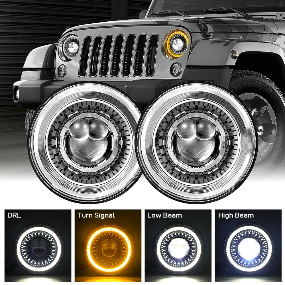 7 INCH LED Headlights with white halo and amber turn signal