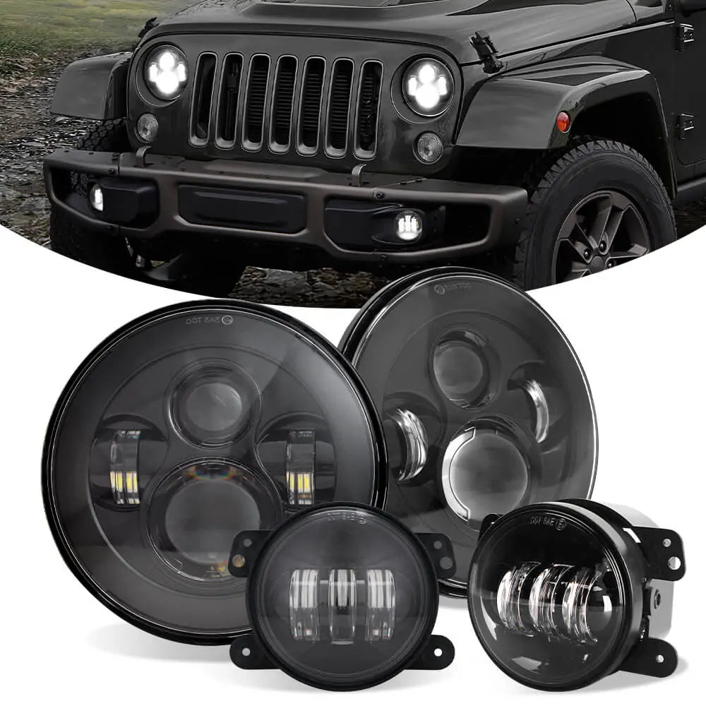 LOYO 7" Black LED Headlights + 4" CREE LED Fog Lights for Jeep Wrangler 1997-2018 JK(1)