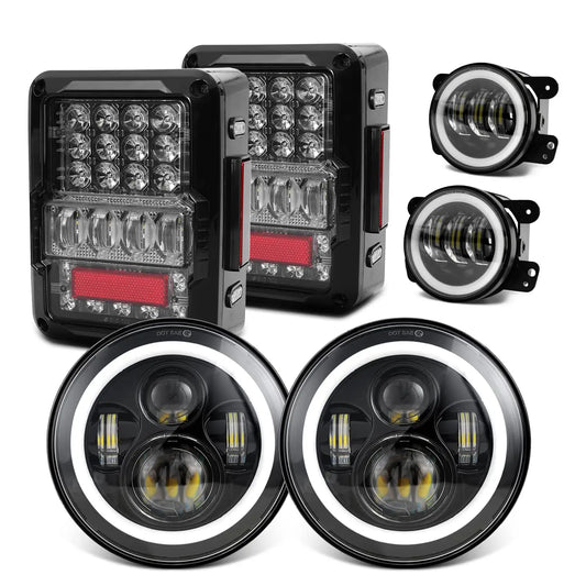 7 inch Halo LED Headlights+4 inch Halo LED Fog Lights+4D LED Tail Lights for Jeep Wrangler JK