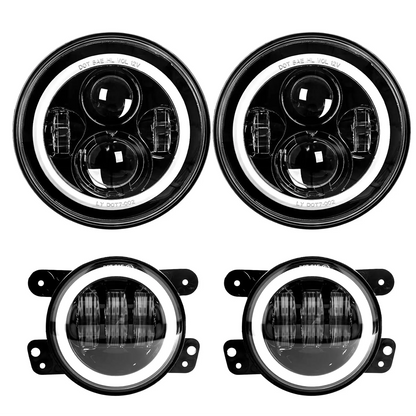 7 inch Halo LED Headlights+4 inch Halo LED Fog Lights+4D LED Tail Lights for Jeep Wrangler JK