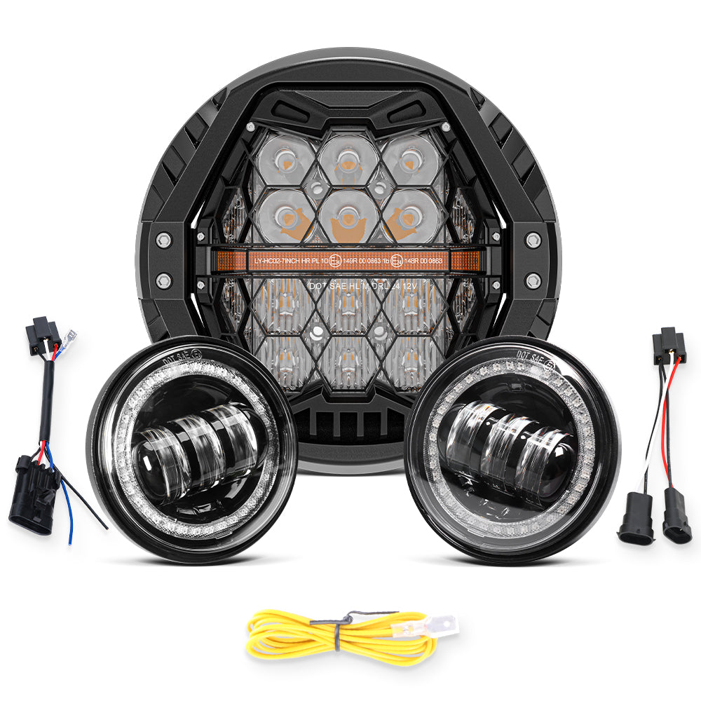 Motorcycle LED Headlight and Fog Lights Kit Including Wiring Harness for Harley Davidson Indian Motorcycle