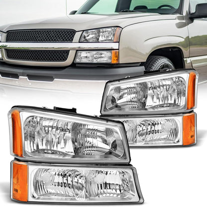 Headlight Assembly Compatible with 2003 2004 2005 2006 Chevy Silverado 03 04 05 06 Avalanche 1500 2500 3500 Pickup Headlights Black Housing Amber Reflector