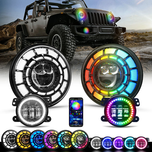 Jeep Wrangler JK LED RGB Color Changing Halo Headlights and fog lights upgrade