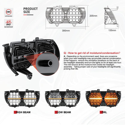 LED Headlight for Harley Davidson Road Glide 2015-2024 Models with High Low Beam DRL
