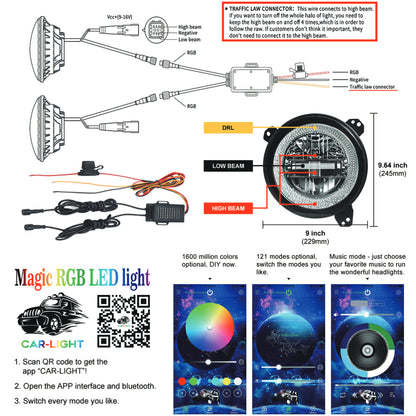 Unique RGB 9 inch Diamond  Headlight for Jeep JL JT  | Pair