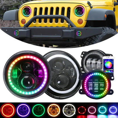 7 inch RGB LED Headlight + 4 inch RGB Fog Lights for Jeep Wrangler JK