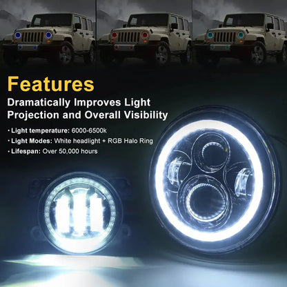 High Performance led 7 inch headlights and fog lights combo