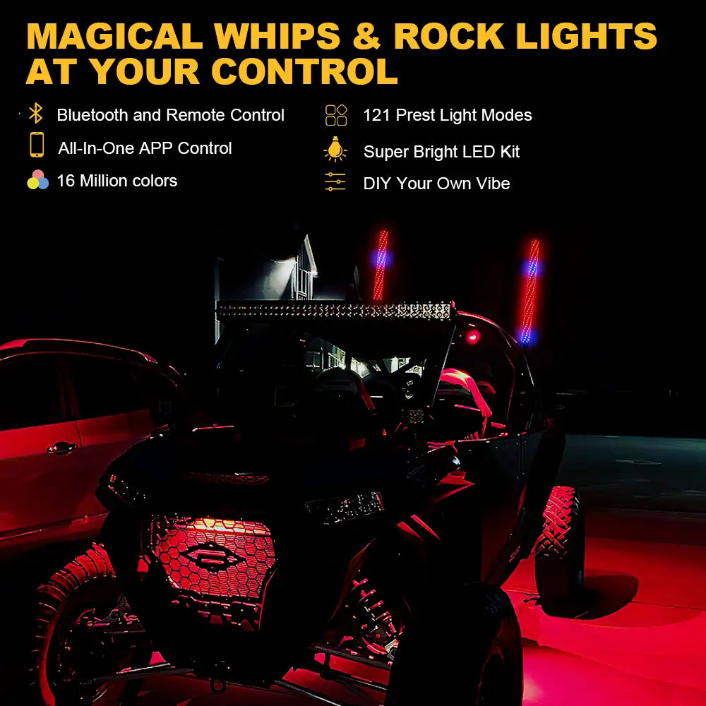 Bluetooth and Remote Control 360° Spiral Chase RGB 8 Pods Neon Light Offroad Warning Lighted LED Whips Combo