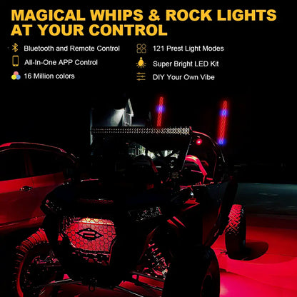 Bluetooth and Remote Control 360° Spiral Chase RGB 8 Pods Neon Light Offroad Warning Lighted LED Whips Combo