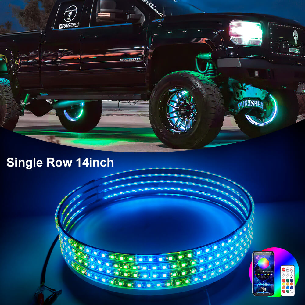 Beatto 14-18 2-Rows LED Flows Adjustable Wheel Ring Lights, LED Chases  Dancing Color with Braking &Turn Signal for Truck, APP&IR Control