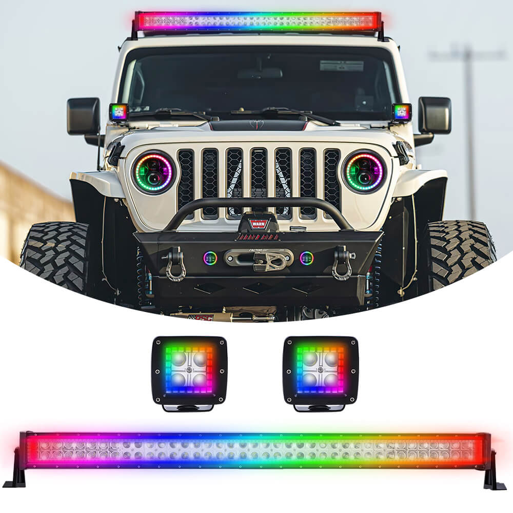 Flood Spot Combo Led Light Bar and 2PCs LED Square Cube Pods Work Lights Kit with Chasing RGB Halo Ring DRL(13)