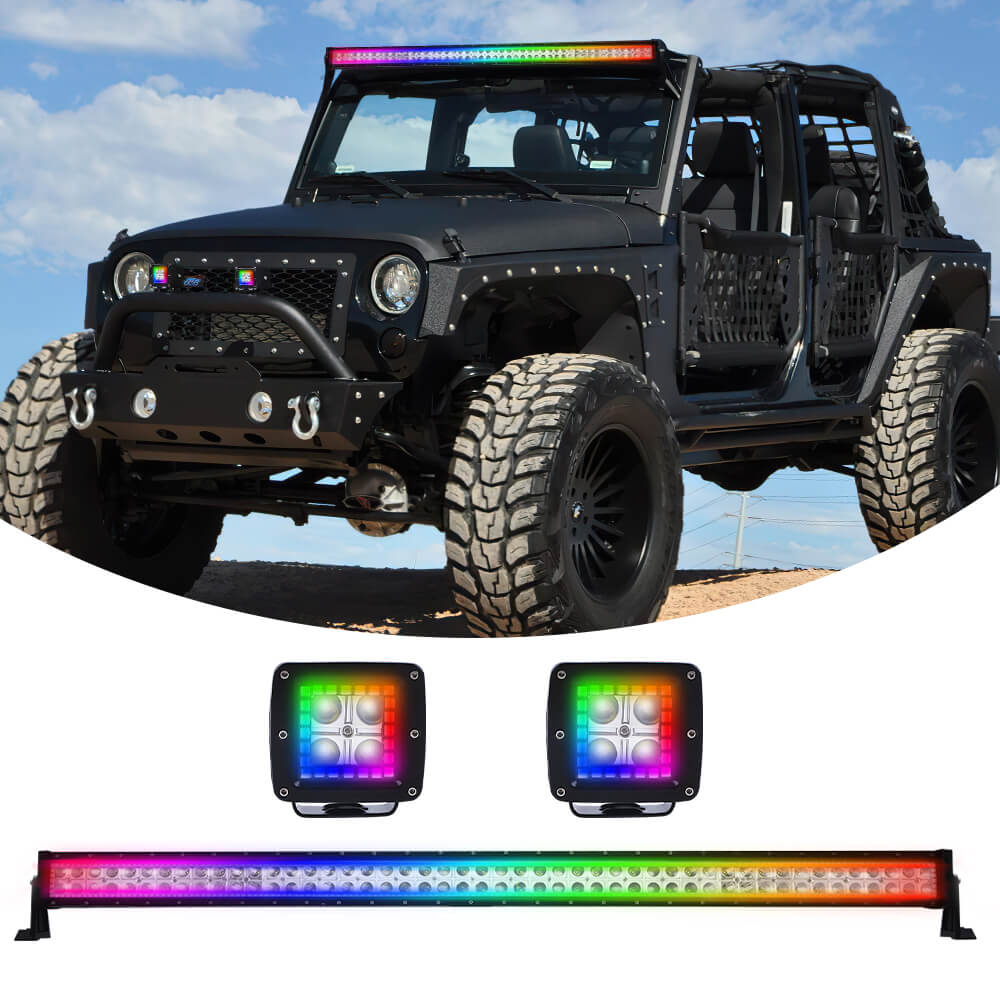 Flood Spot Combo Led Light Bar and 2PCs LED Square Cube Pods Work Lights Kit with Chasing RGB Halo Ring DRL